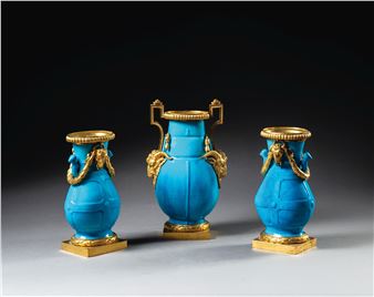 A Louis XV gilt-bronze mounted Sèvres celestial blue porcelain garniture, circa 1765, mounts attributed to Jean Dulac