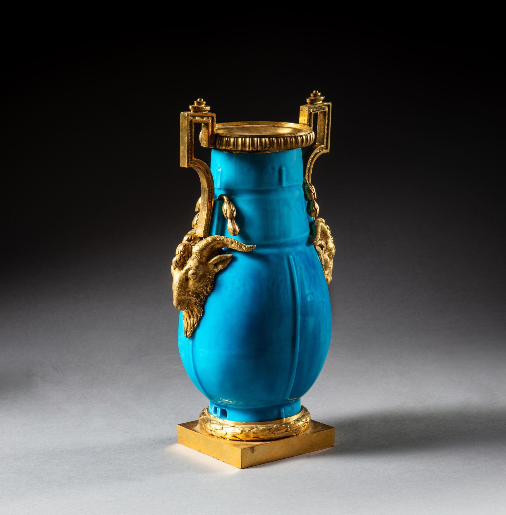 Artwork by Jean Dulac, A Louis XV gilt-bronze mounted Sèvres celestial blue porcelain garniture, circa 1765, mounts attributed to Jean Dulac, Made of Bronzes