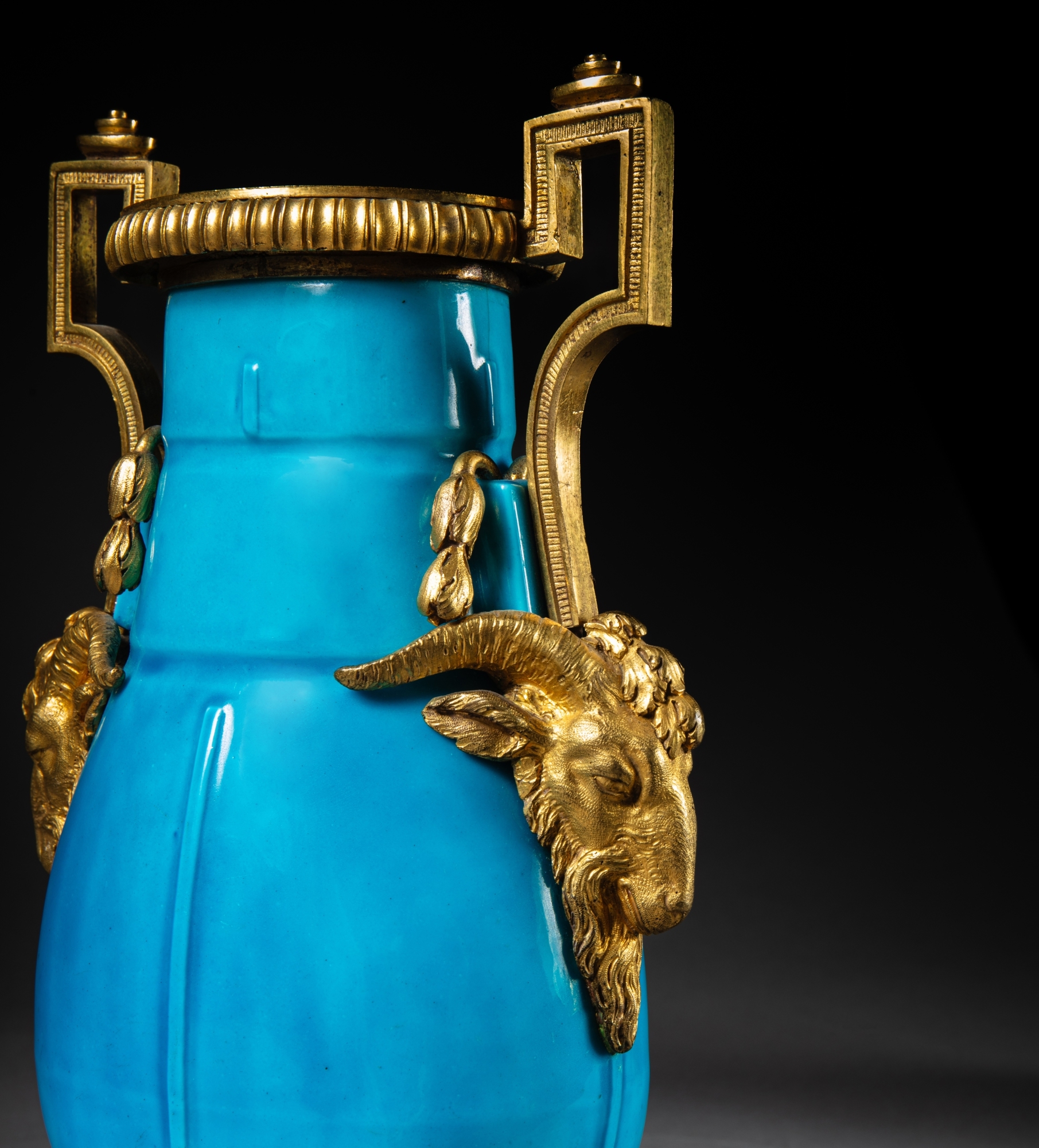 Artwork by Jean Dulac, A Louis XV gilt-bronze mounted Sèvres celestial blue porcelain garniture, circa 1765, mounts attributed to Jean Dulac, Made of Bronzes