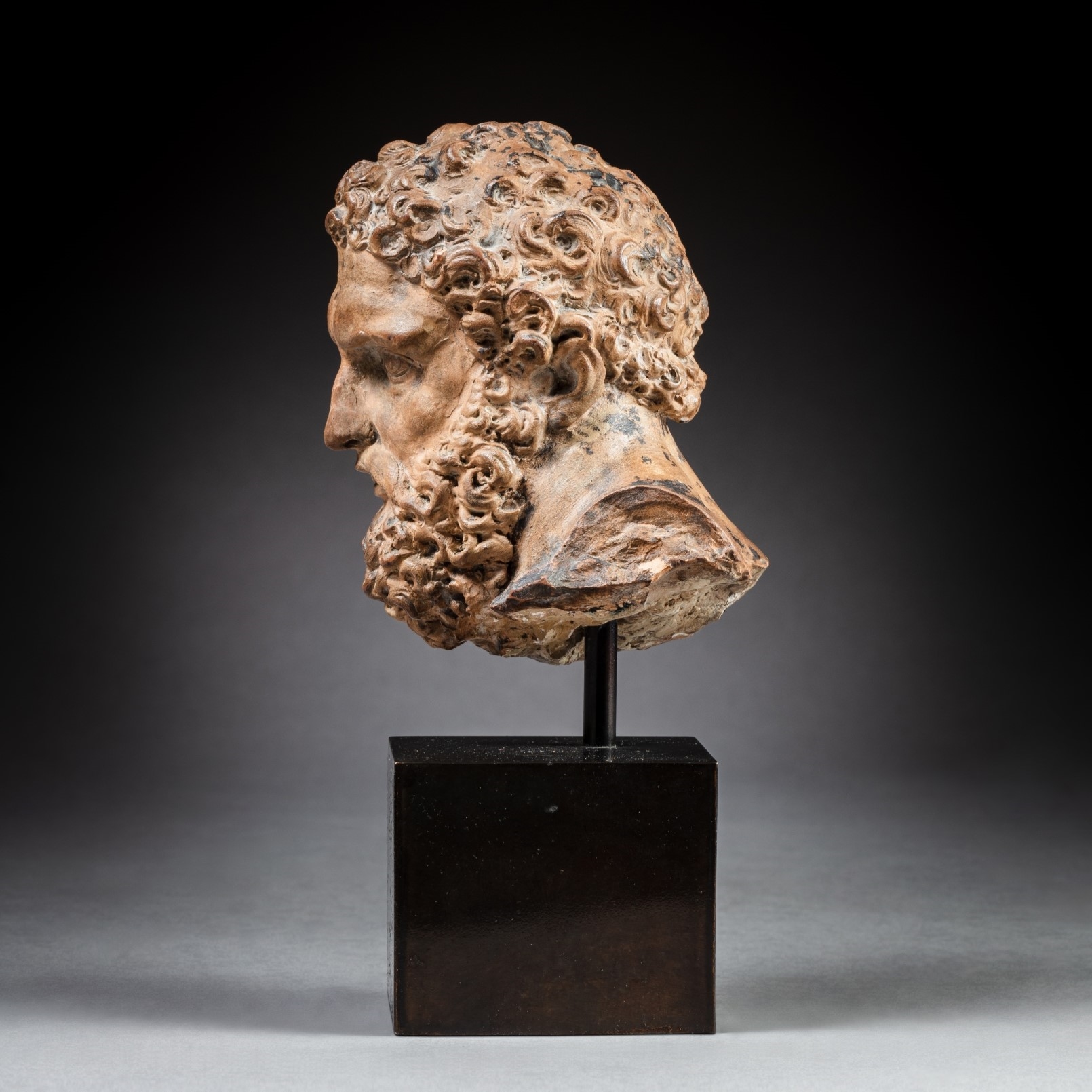 Artwork by Roman School, 17th Century, Head of the Farnese Hercules, Made of terracotta, bronze patina, on a later wood base