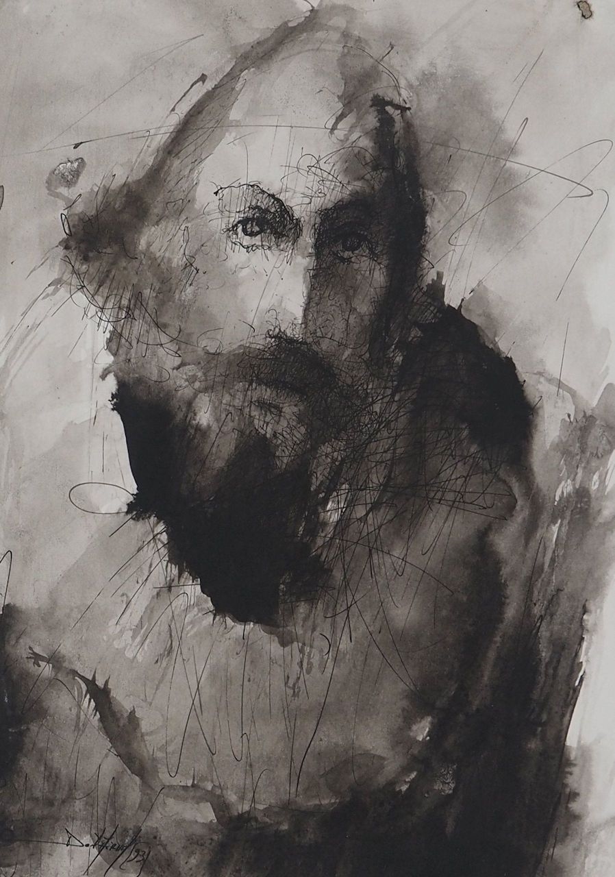 Artwork by Daniel Airam, Man with piercing gaze, Made of Watercolor And Wash Drawing