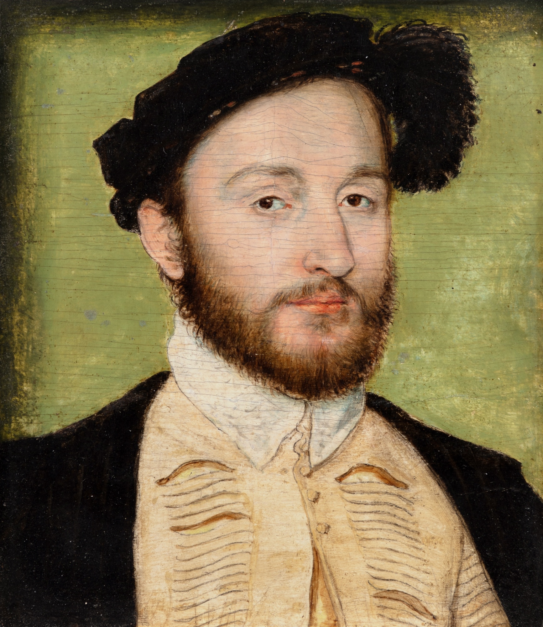 Artwork by Corneille de Lyon, Portrait of Charles de La Rochefoucauld (1525–1562), bust-length, wearing a slashed doublet, black coat and feathered cap, Made of oil on oak panel