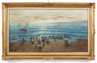 G.Morelli (XX secolo) Veduta costiera con figure - G.morelli