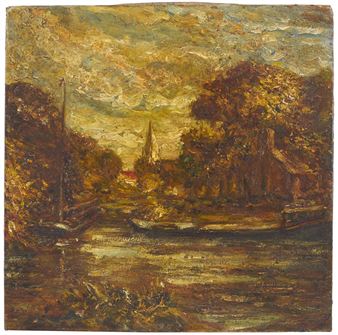 Landscape with barge and steeple - Franz Baron Courtens