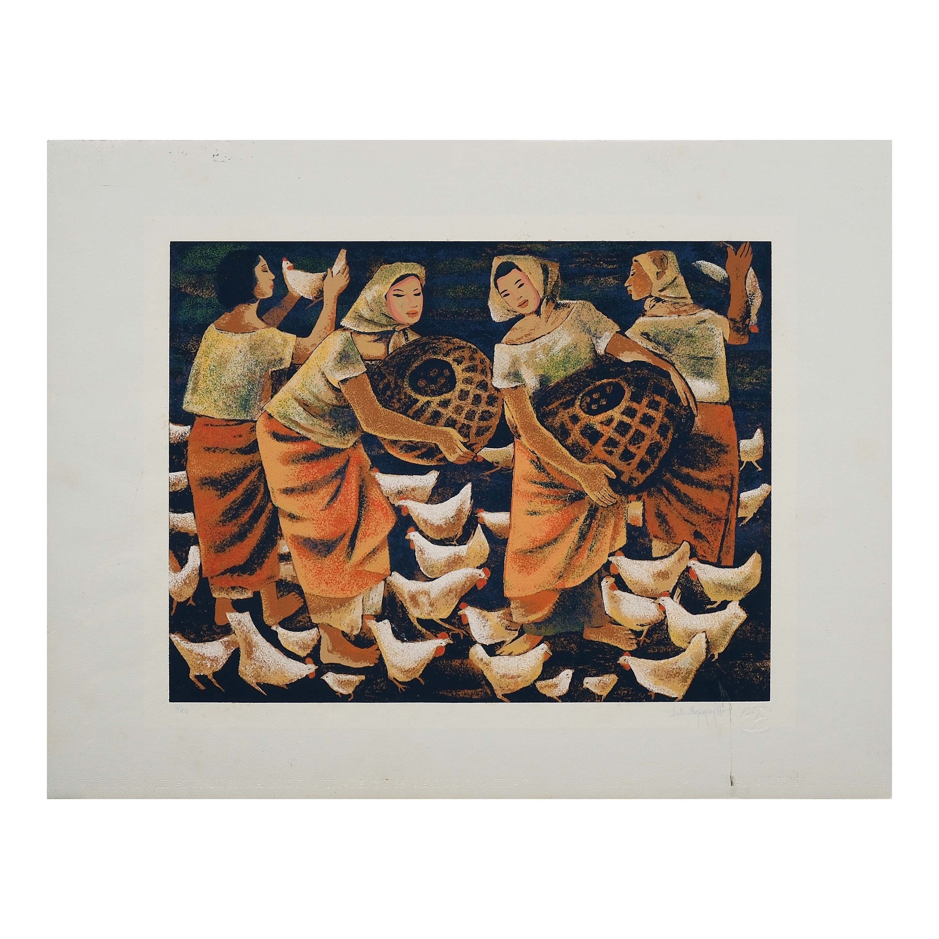 Artwork by Anita Magsaysay-Ho, Catching Chicken, Made of Serigraph