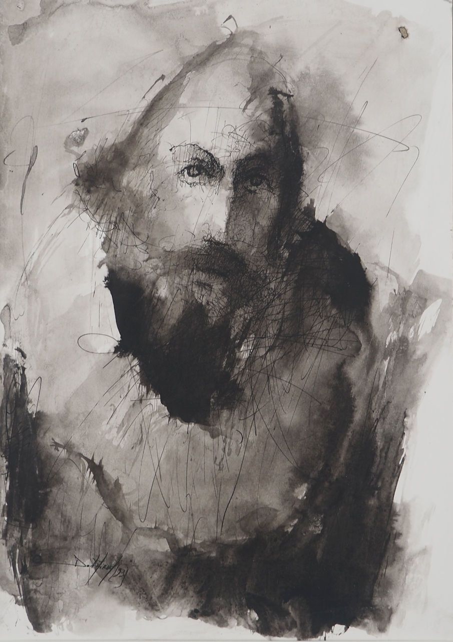 Artwork by Daniel Airam, Man with piercing gaze, Made of Watercolor And Wash Drawing