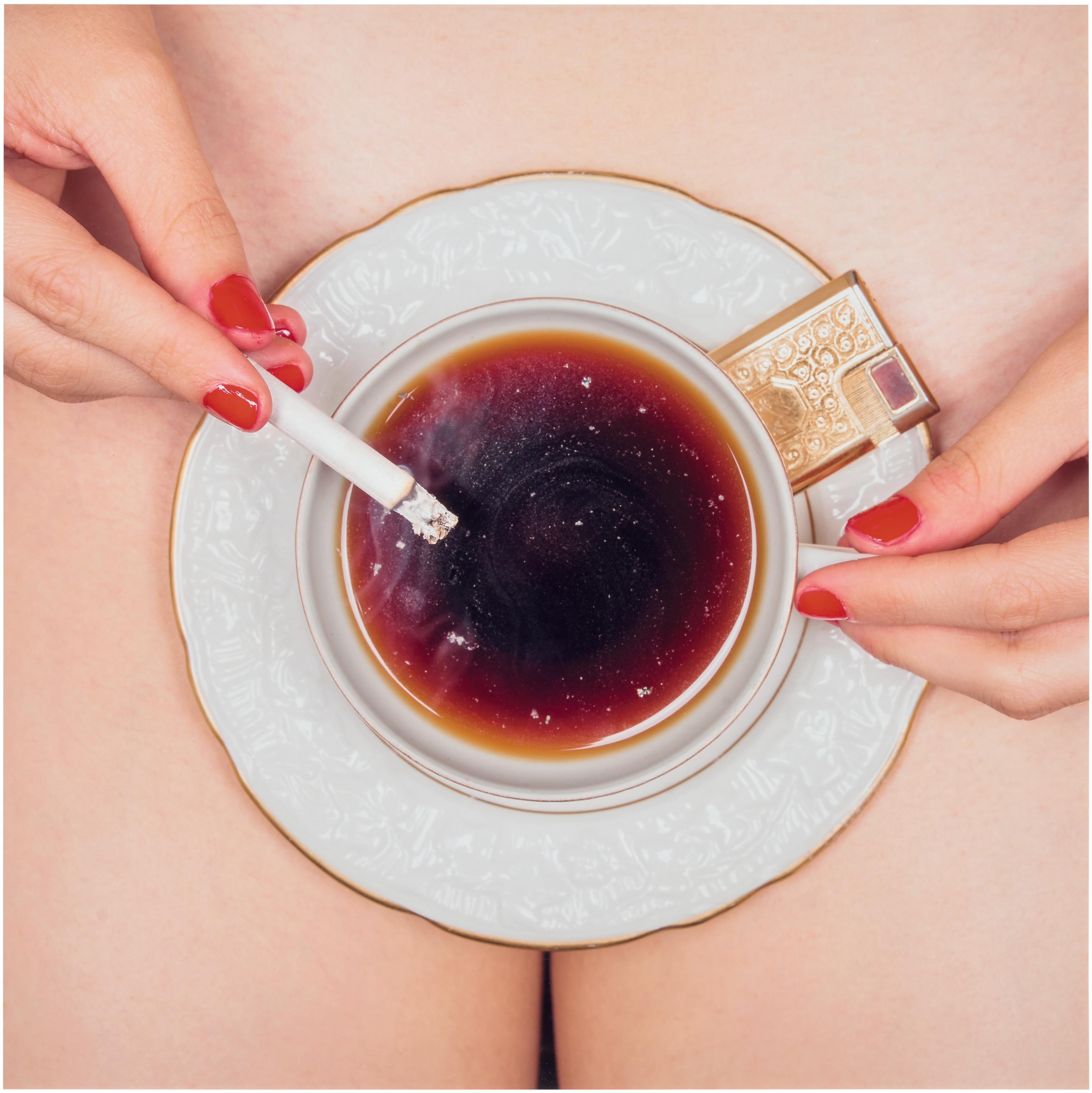 Artwork by Tyler Shields, Coffee and Cigarettes, Made of chromogenic print, mounted