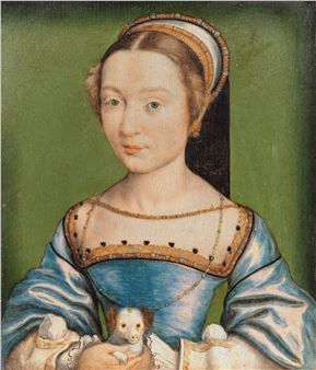 Portrait of a lady, half-length, wearing a blue dress and holding a puppy