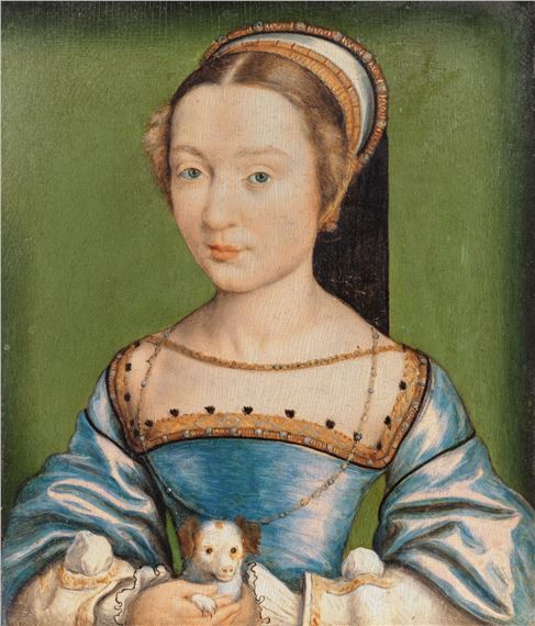 Portrait of a lady, half-length, wearing a blue dress and holding a puppy by Corneille de Lyon, 1500/1510
