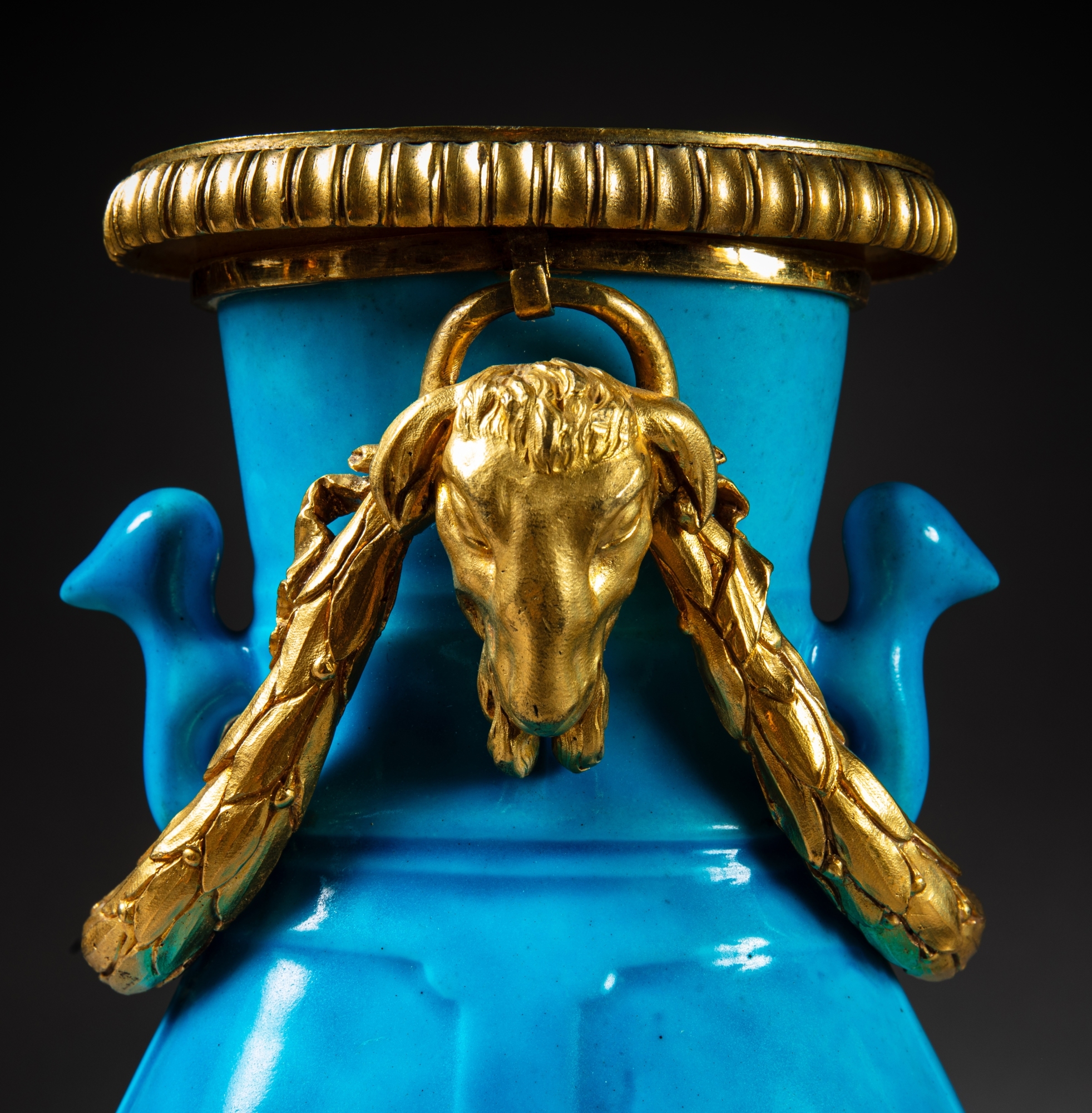 Artwork by Jean Dulac, A Louis XV gilt-bronze mounted Sèvres celestial blue porcelain garniture, circa 1765, mounts attributed to Jean Dulac, Made of Bronzes
