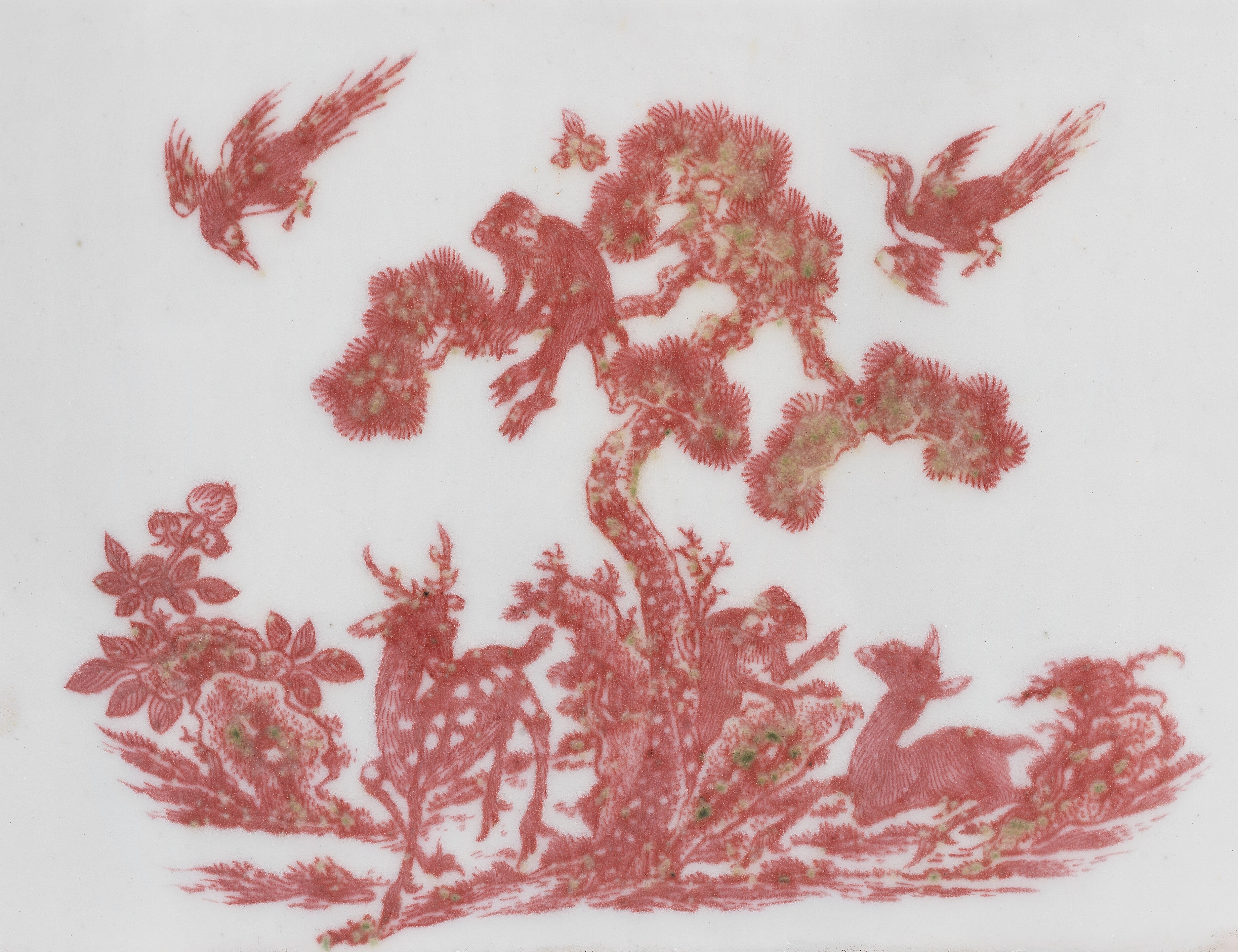 Artwork by Chinese School, 'Deer, Monkey and Pine' Brushpot, Bitong, Made of copper-red paint