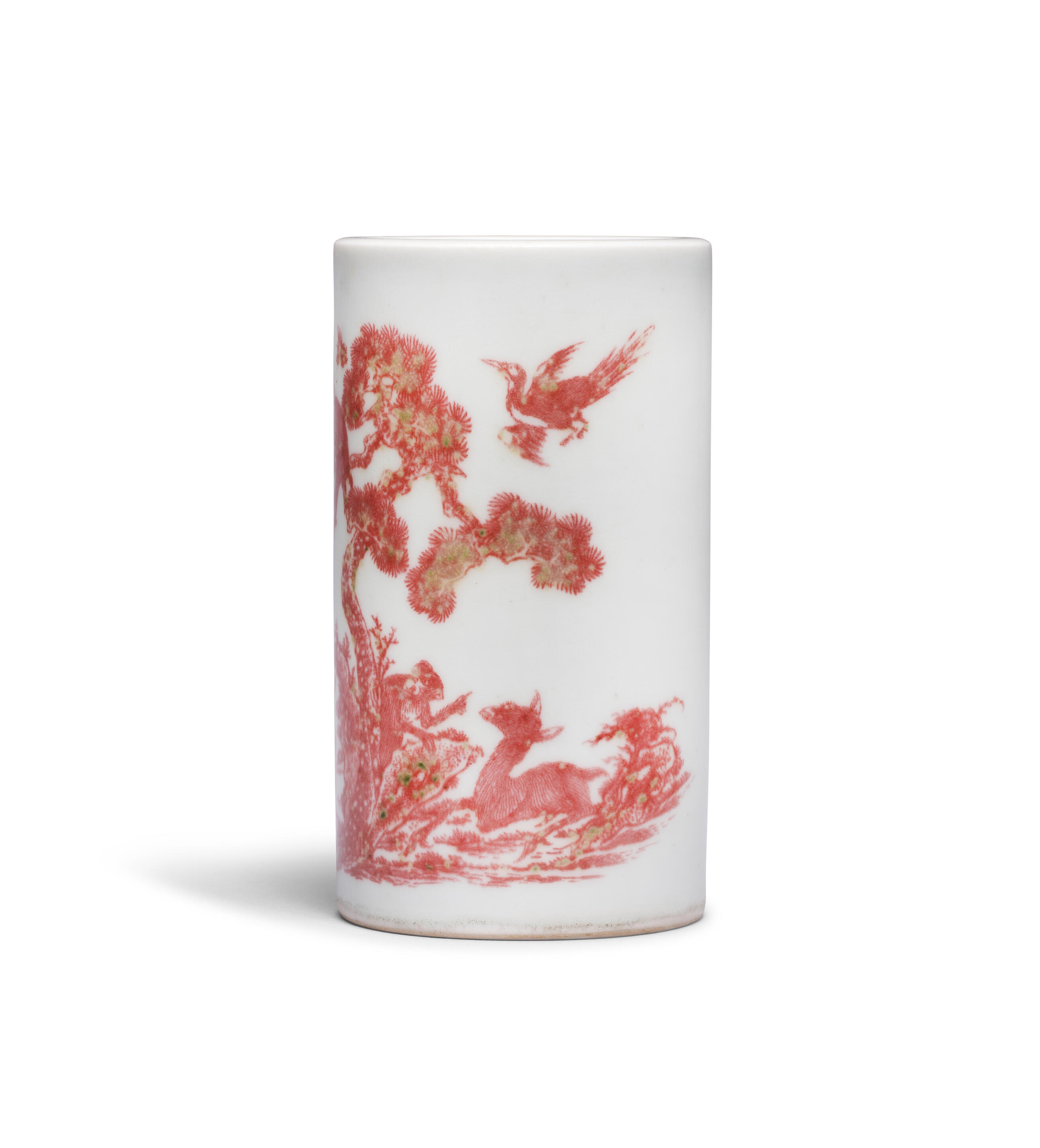 Artwork by Chinese School, 'Deer, Monkey and Pine' Brushpot, Bitong, Made of copper-red paint