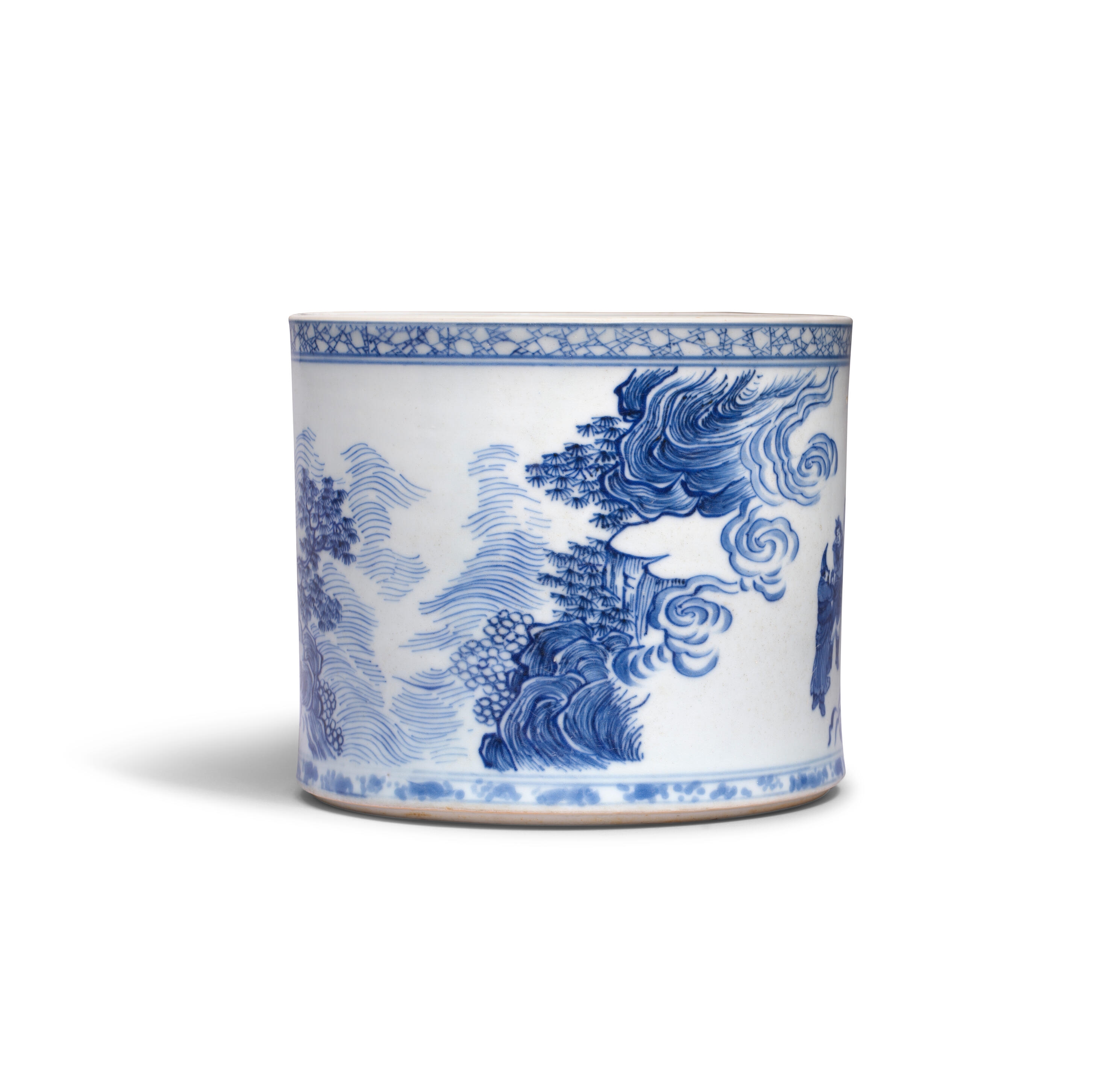 Artwork by Chinese School, A RARE AND LARGE BLUE AND WHITE 'PERSIANS WASHING THE ELEPHANT' BRUSHPOT, BITONG, Made of paint