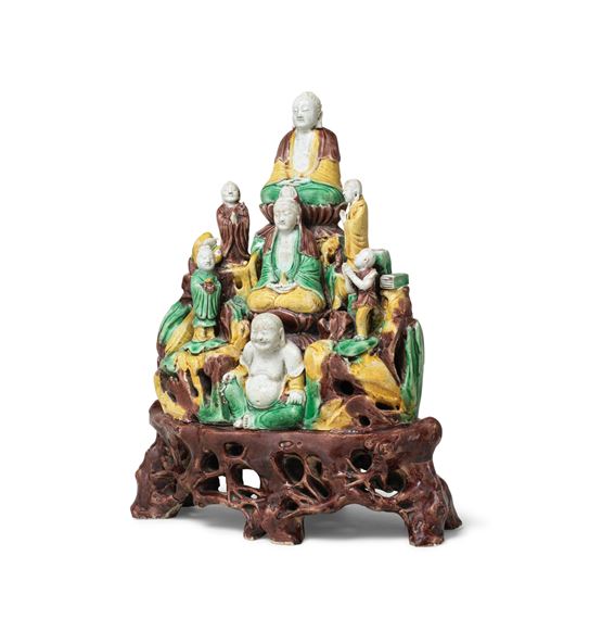 A SANCAI 'BUDDHA, GUANYIN, BUDAI AND ATTENDANTS' GROUP by Chinese School