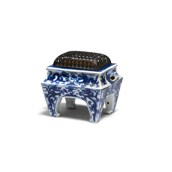 Blue and White Rectangular Incense Burner with Cloud and Dragon Design