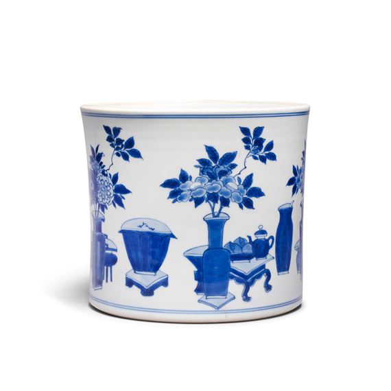 A LARGE BLUE AND WHITE 'PRECIOUS OBJECTS' BRUSHPOT, BITONG by Chinese School