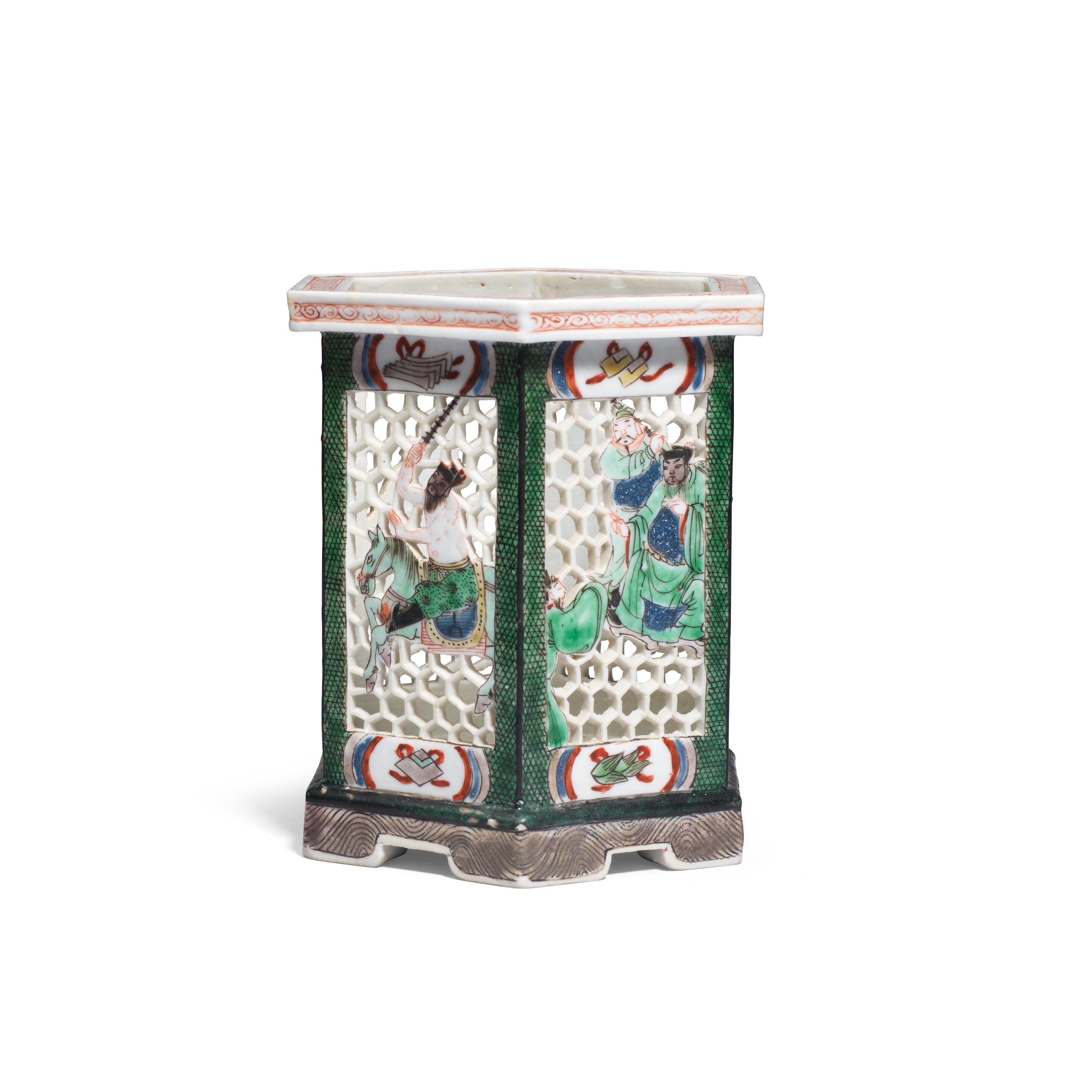 Artwork by Chinese School, A FAMILLE VERTE HEXAGONAL 'OUTLAWS OF THE MARSH' BRUSHPOT, BITONG, Made of enamels