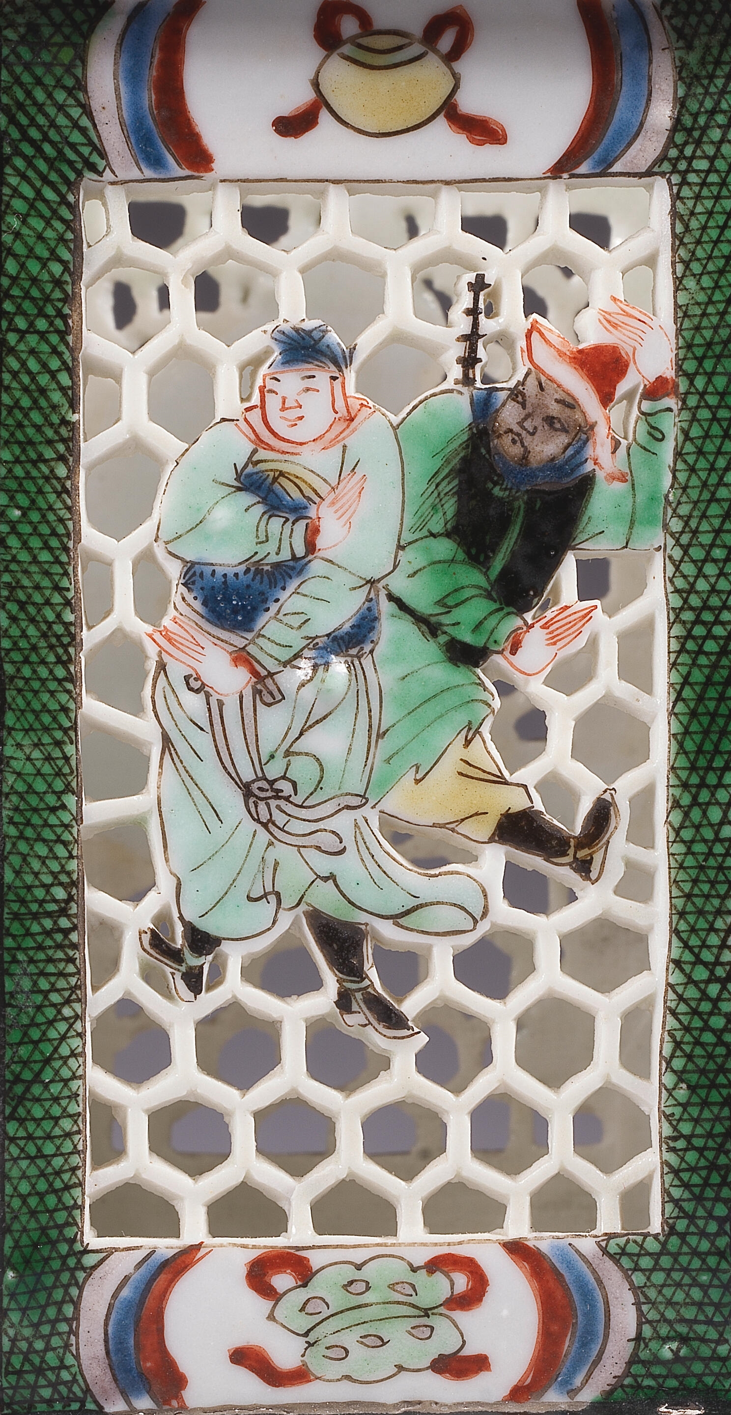 Artwork by Chinese School, A FAMILLE VERTE HEXAGONAL 'OUTLAWS OF THE MARSH' BRUSHPOT, BITONG, Made of enamels