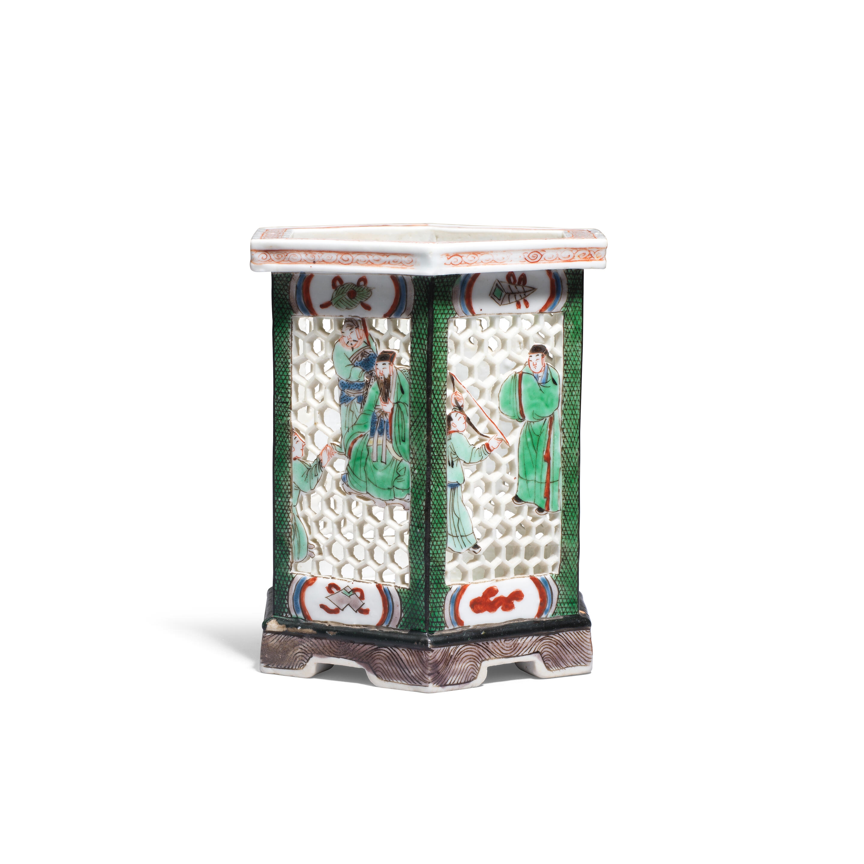Artwork by Chinese School, A FAMILLE VERTE HEXAGONAL 'OUTLAWS OF THE MARSH' BRUSHPOT, BITONG, Made of enamels