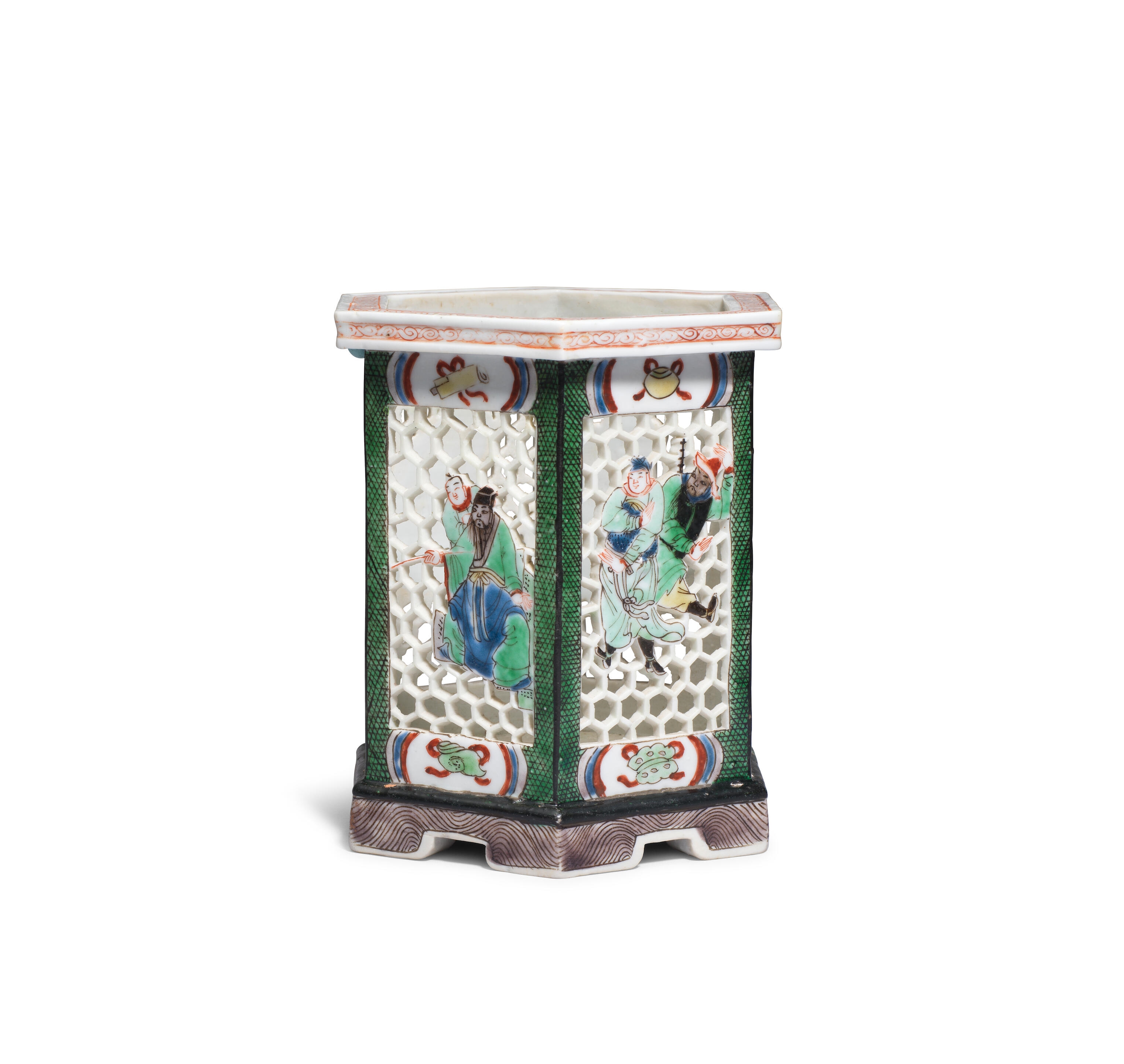 Artwork by Chinese School, A FAMILLE VERTE HEXAGONAL 'OUTLAWS OF THE MARSH' BRUSHPOT, BITONG, Made of enamels