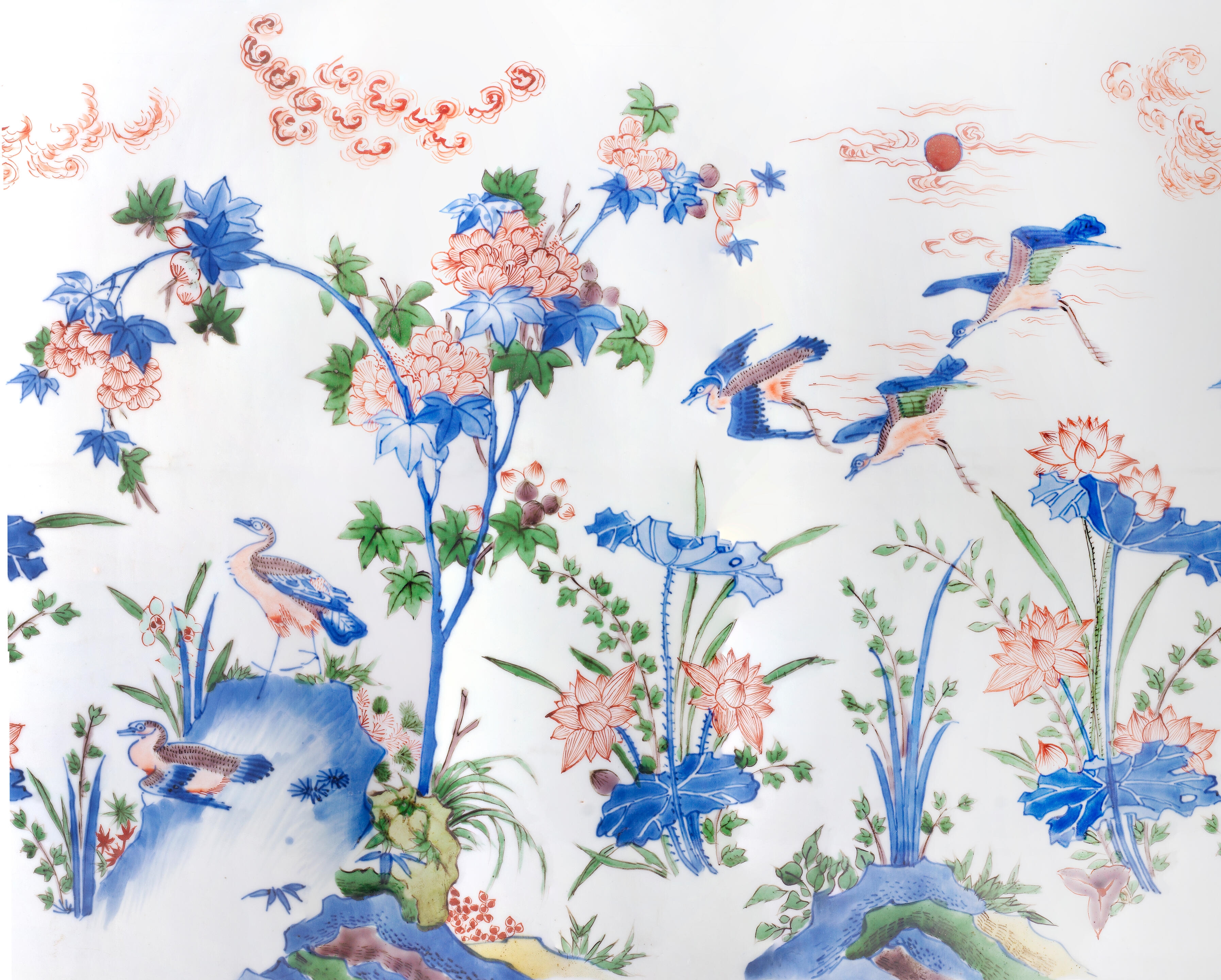 Artwork by Chinese School, A Wucai 'Descending Geese' Sleeve Vase, Made of Porcelain decorated in vibrant enamels and underglaze blue around the exterior