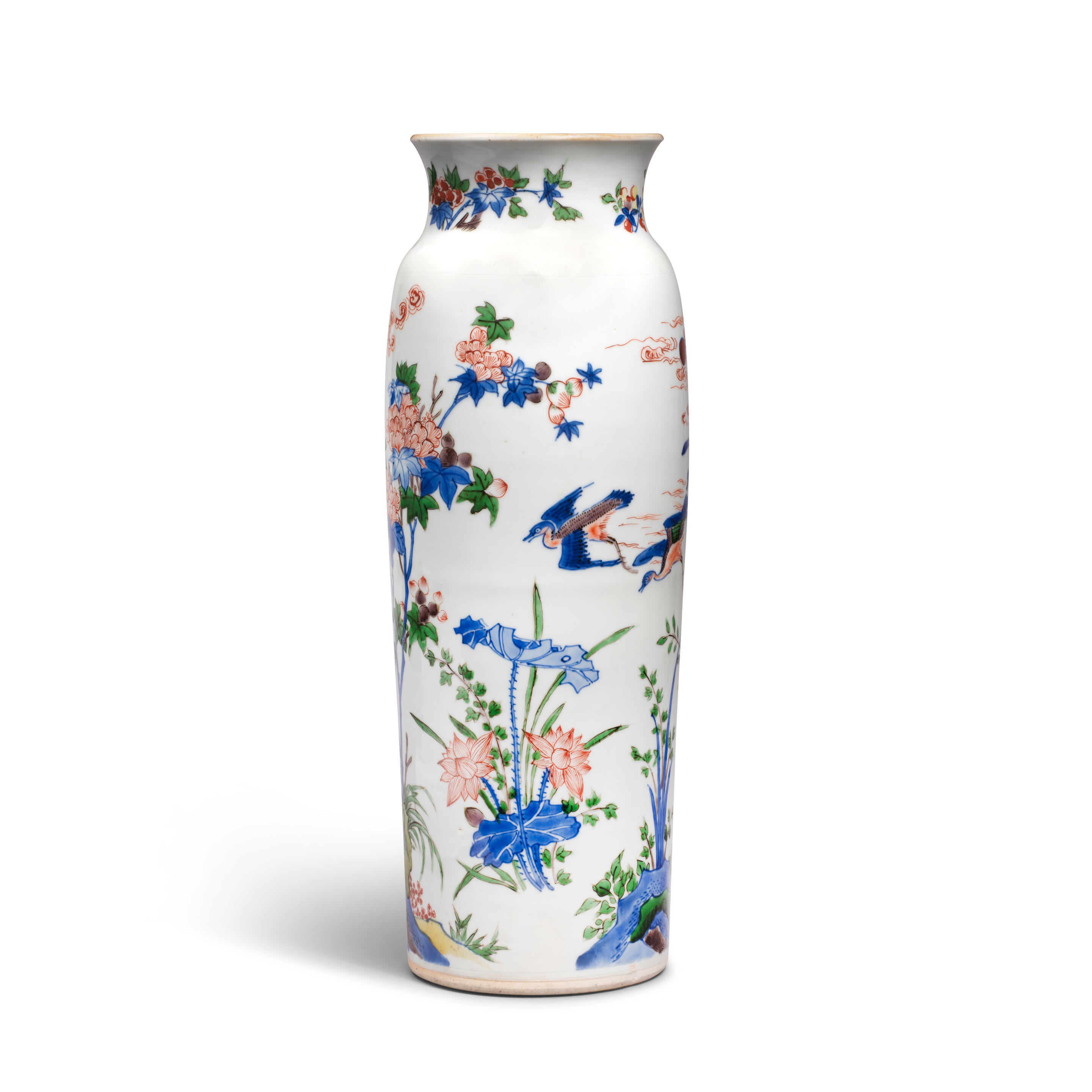Artwork by Chinese School, A Wucai 'Descending Geese' Sleeve Vase, Made of Porcelain decorated in vibrant enamels and underglaze blue around the exterior