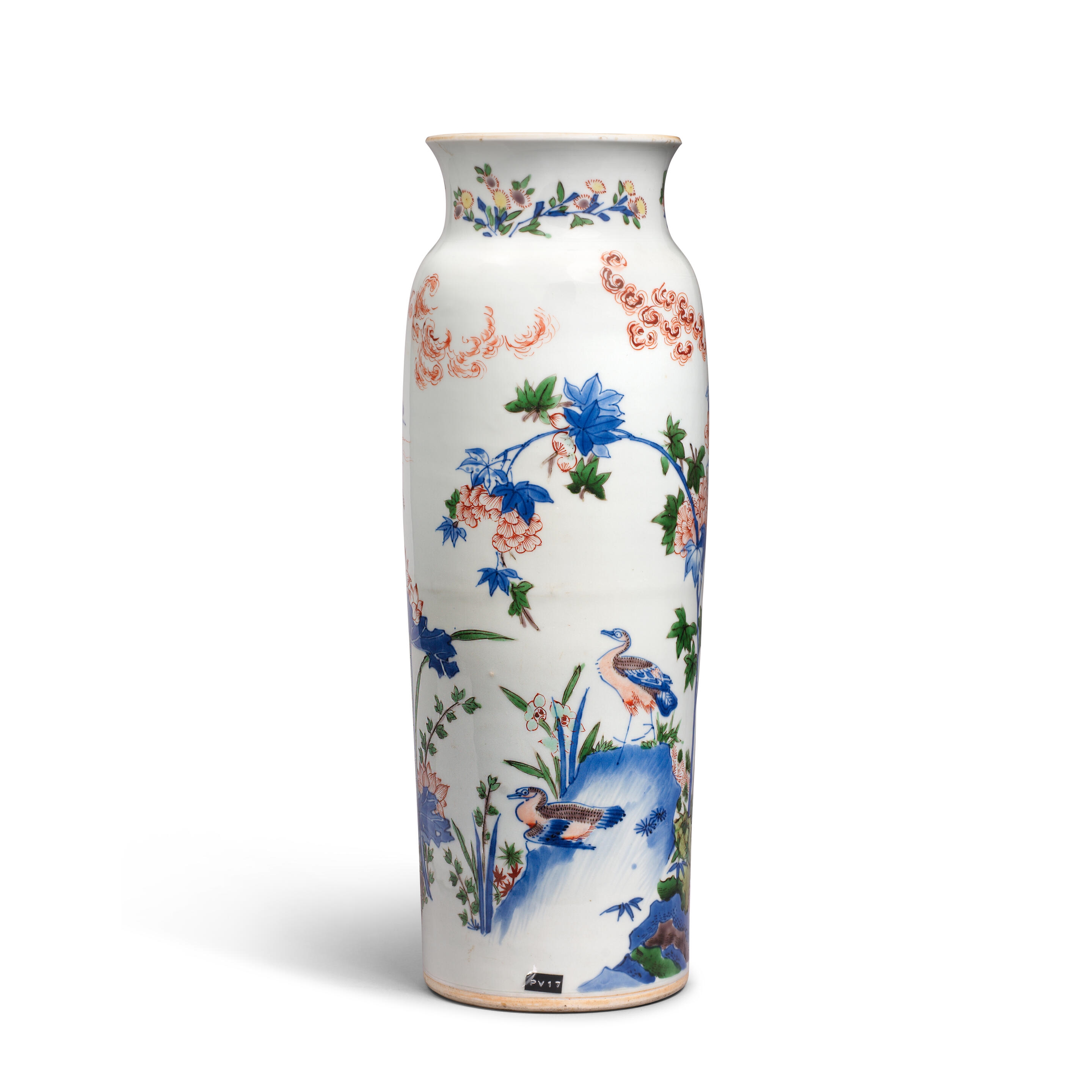 Artwork by Chinese School, A Wucai 'Descending Geese' Sleeve Vase, Made of Porcelain decorated in vibrant enamels and underglaze blue around the exterior