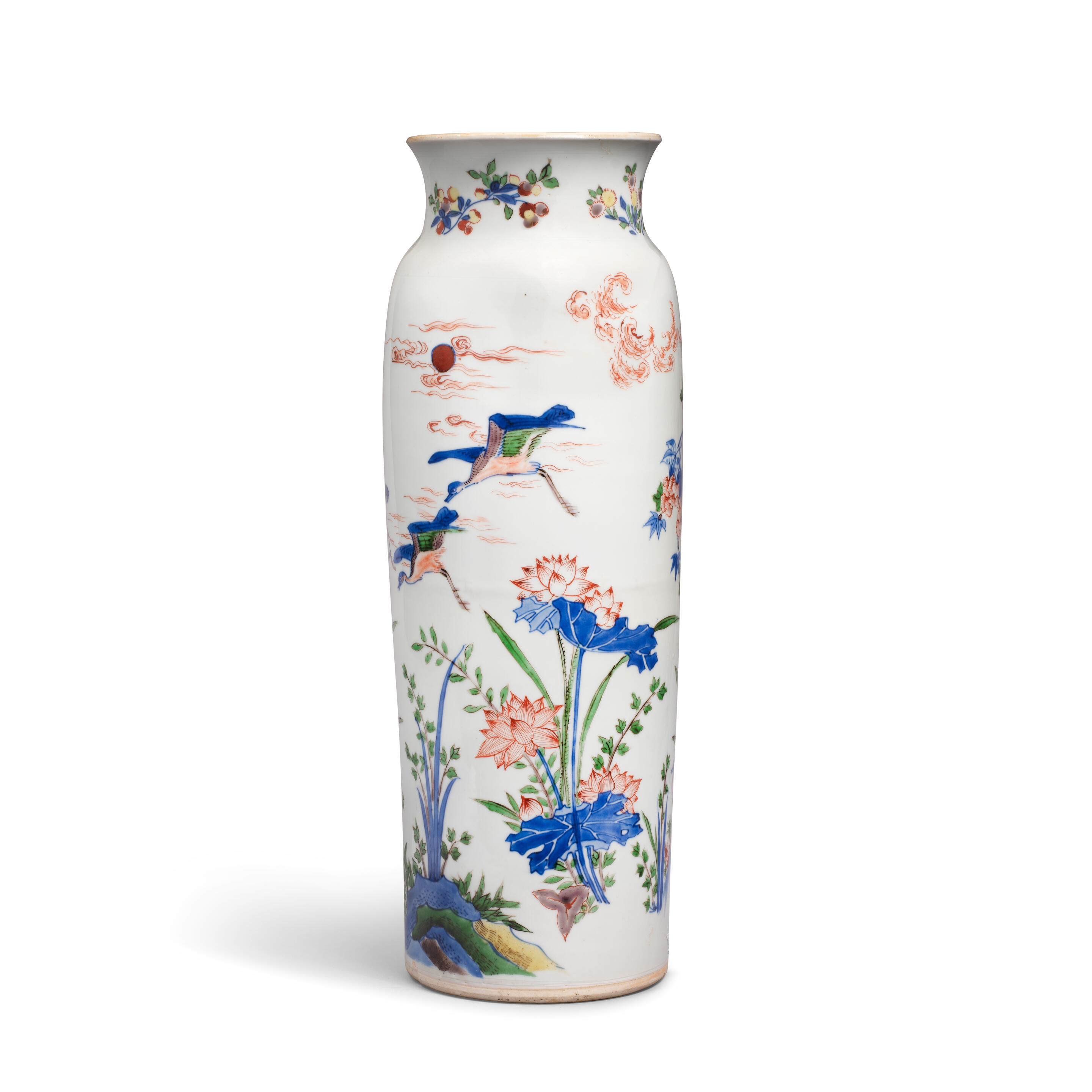 Artwork by Chinese School, A Wucai 'Descending Geese' Sleeve Vase, Made of Porcelain decorated in vibrant enamels and underglaze blue around the exterior