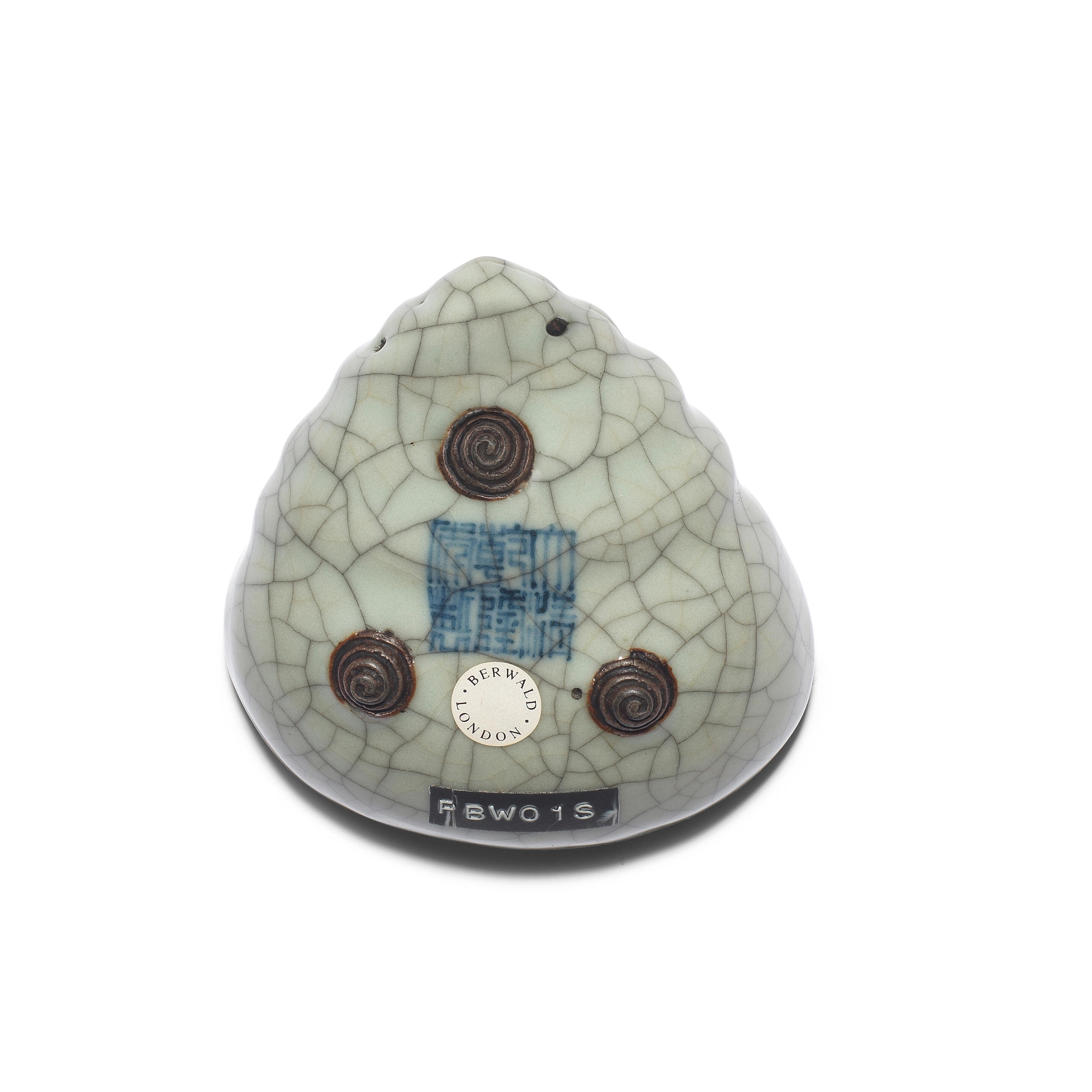 Artwork by Chinese School, A rare Ge-Type Tripod Conch-shaped Waterpot, Made of Naturalistically moulded in the form of a tapering shell with a large oval mouth, covered in a greyish sea-green glaze with fine grey craquelure save the three feet in the form of smaller swirling conches, glazed mother-of-pearl washer