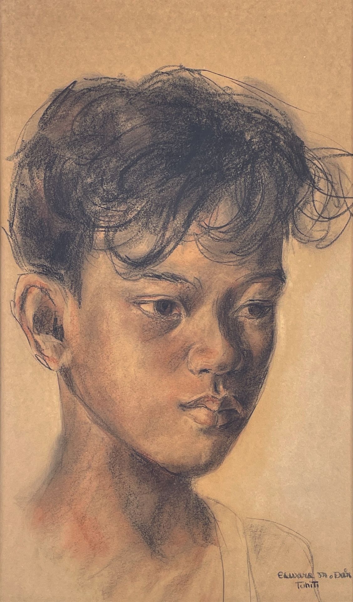 Artwork by Edward M. Daire, Portrait of a young Tahitian, Made of Pastel