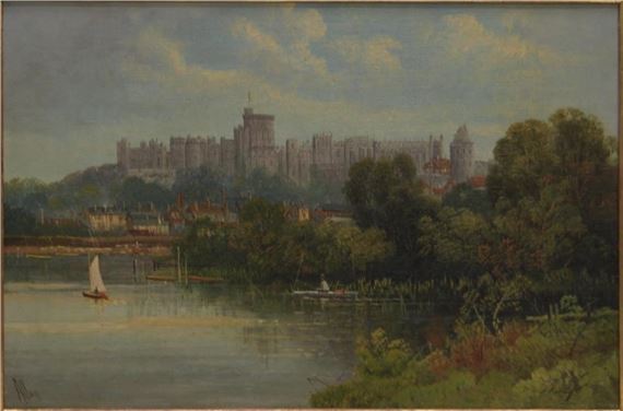 Allan English Pastoral Painting Fisherman & Castle by Allan