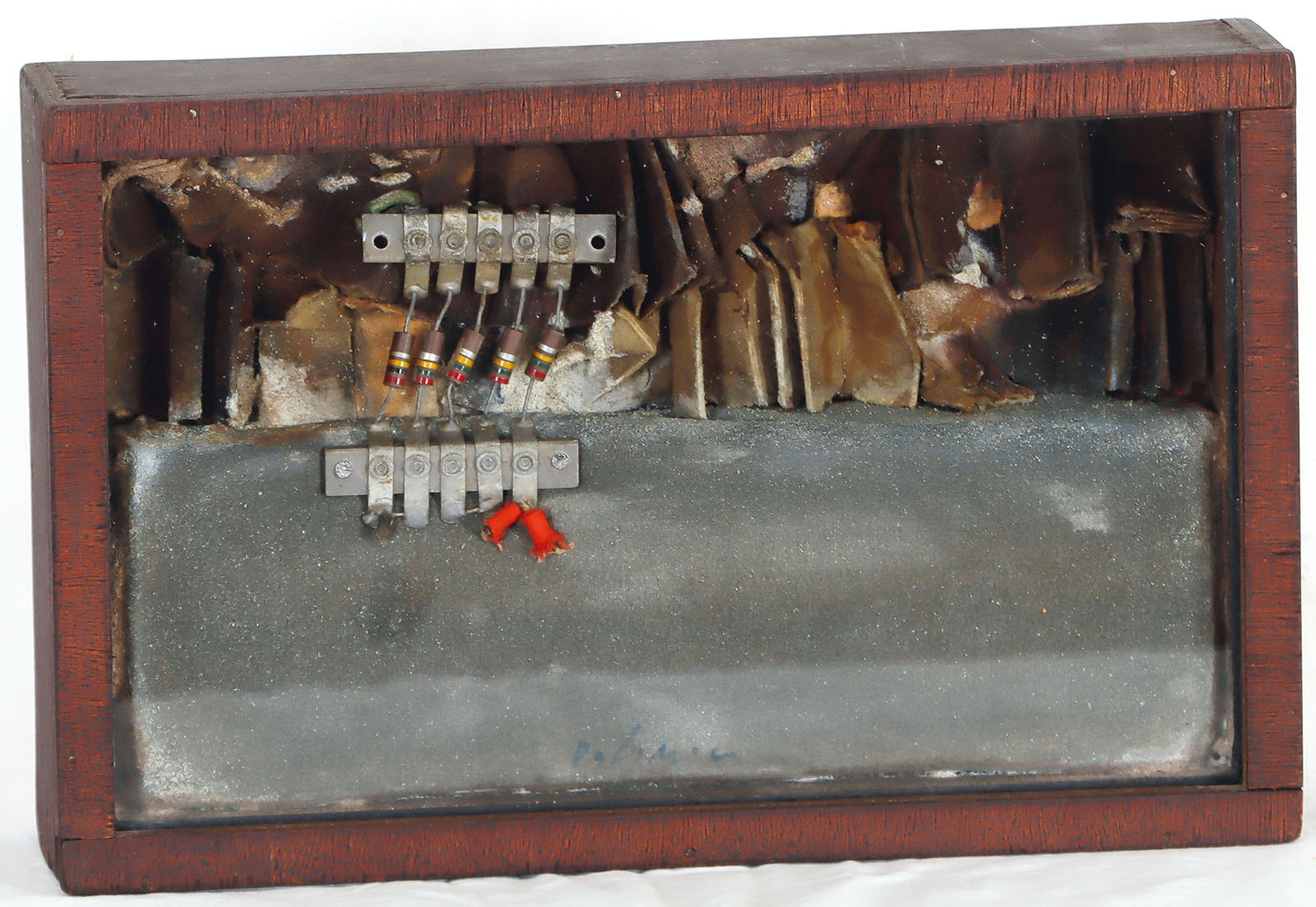 Artwork by Karl Fred Dahmen, Komposition mit Steuertrafo, Made of Hölzener Objektkasten Mit Textil, Metall, Papier Und Farbe Hinter Glasscheibe