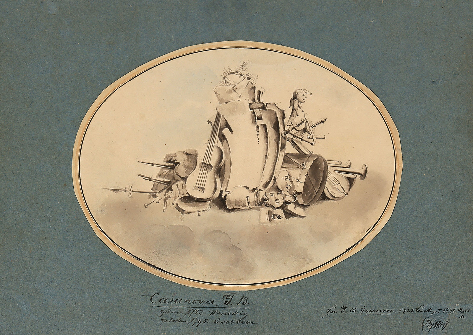 Artwork by Giovanni Battista Casanova, Waffen, Masken und Musikinstrumente, Made of brush drawing in brown on primed canvas