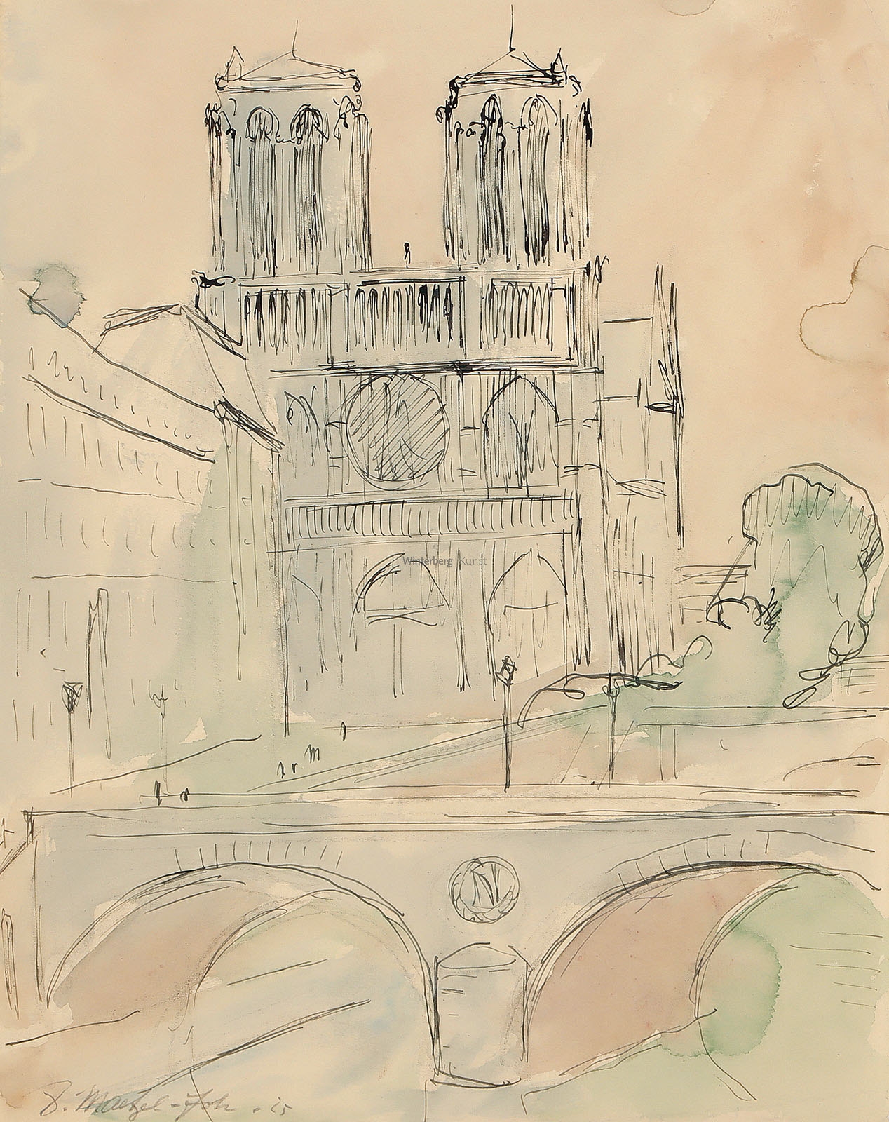 Artwork by Dorothea Maetzel-Johannsen, Ansicht von Notre-Dame de Paris mit der Seine, Made of Aquarellierte Tuschfederzeichnung
