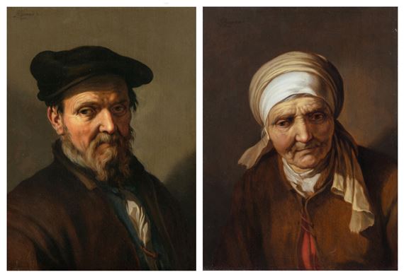 An elderly man, bust-length, in a brown coat and hat; An elderly woman, bust-length, in a brown coat and headscarf - Abraham Bloemaert