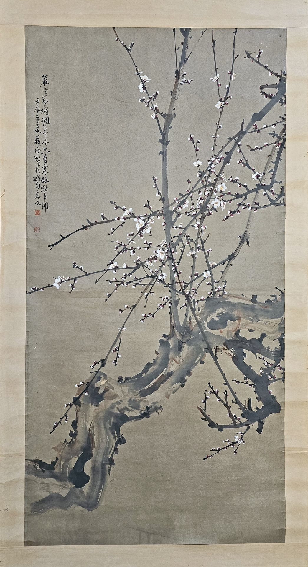 Artwork by Jiang Cheng Zan, Vertical scroll painting in ink and colors on paper, brown, depicting a prunus in bloom, Made of Ink And Colors On Paper