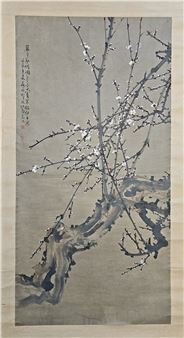 Vertical scroll painting in ink and colors on paper, brown, depicting a prunus in bloom - Jiang Cheng Zan