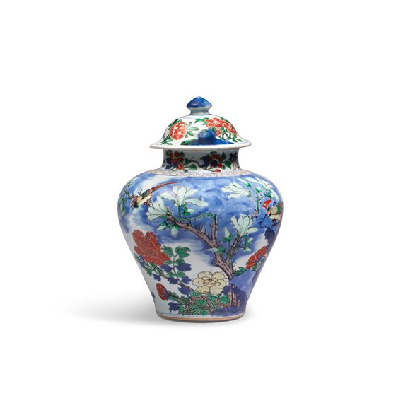 A WUCAI 'PHEASANT AND PEONY' BALUSTER JAR AND COVER