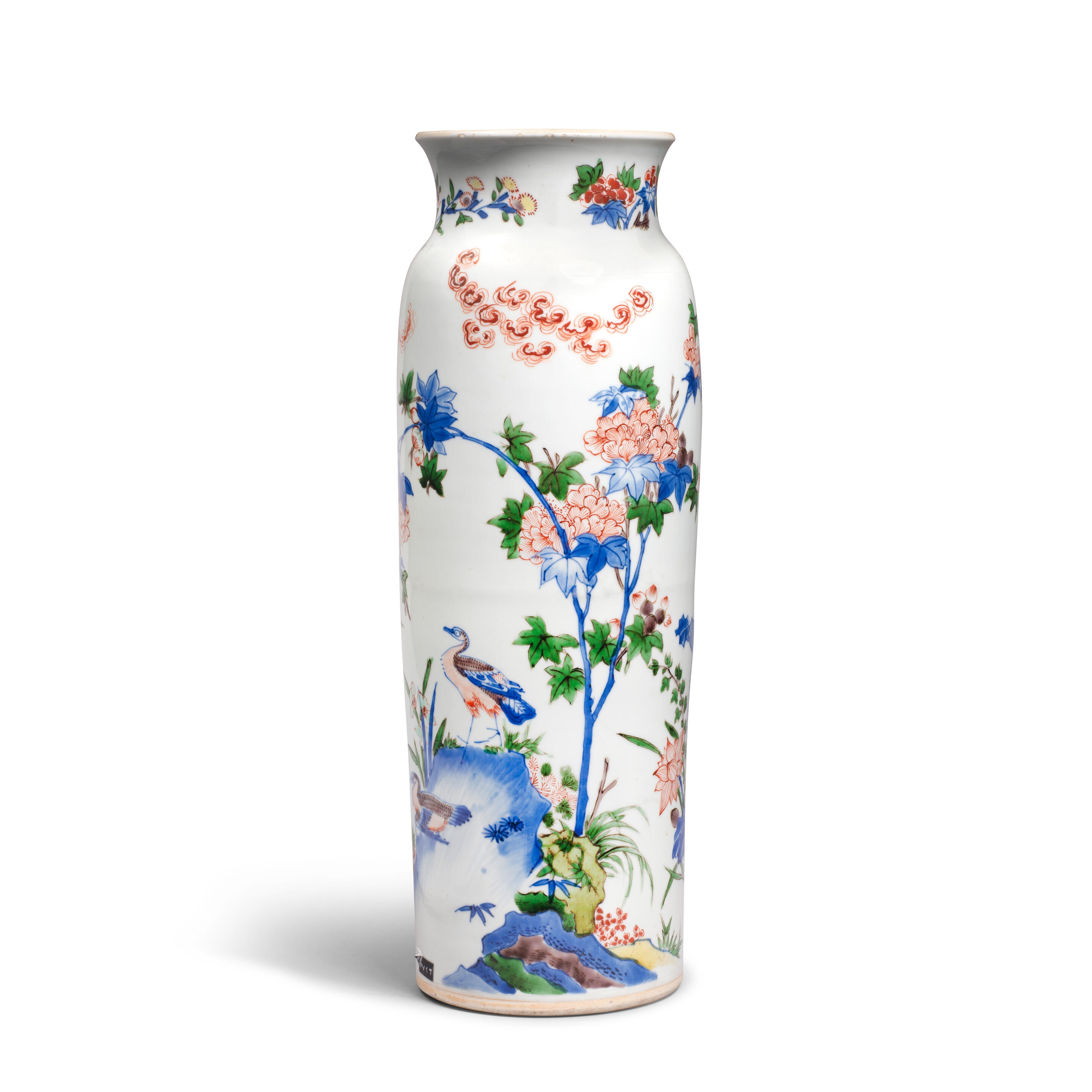 Artwork by Chinese School, A Wucai 'Descending Geese' Sleeve Vase, Made of Porcelain decorated in vibrant enamels and underglaze blue around the exterior