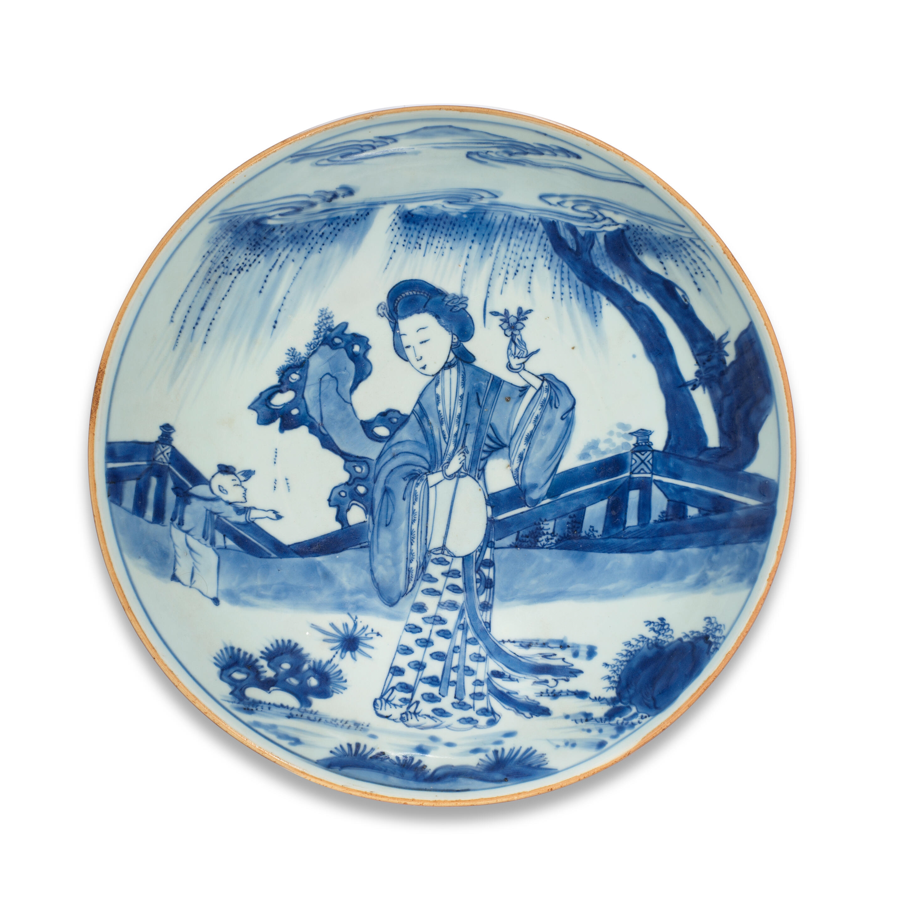 Artwork by Chinese School, 'Lady and Boy' Saucer-Dish, Made of Blue and white porcelain, brown-washed rim