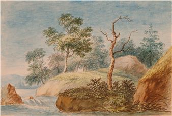 Baumbestandenes felsiges Ufer eines Gewässers mit kleiner Stromschnelle - Wilhelm Melchior