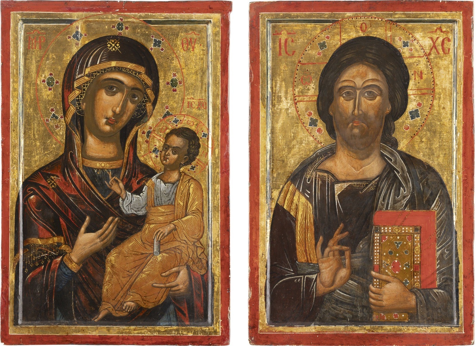 Artwork by Cretan School, 17th Century, HODIGITRIA MOTHER OF GOD AND CHRIST PANTOKRATOR, Made of Tempera On Wood Panel