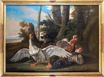 Dog chasing fowl - Abraham Hondius