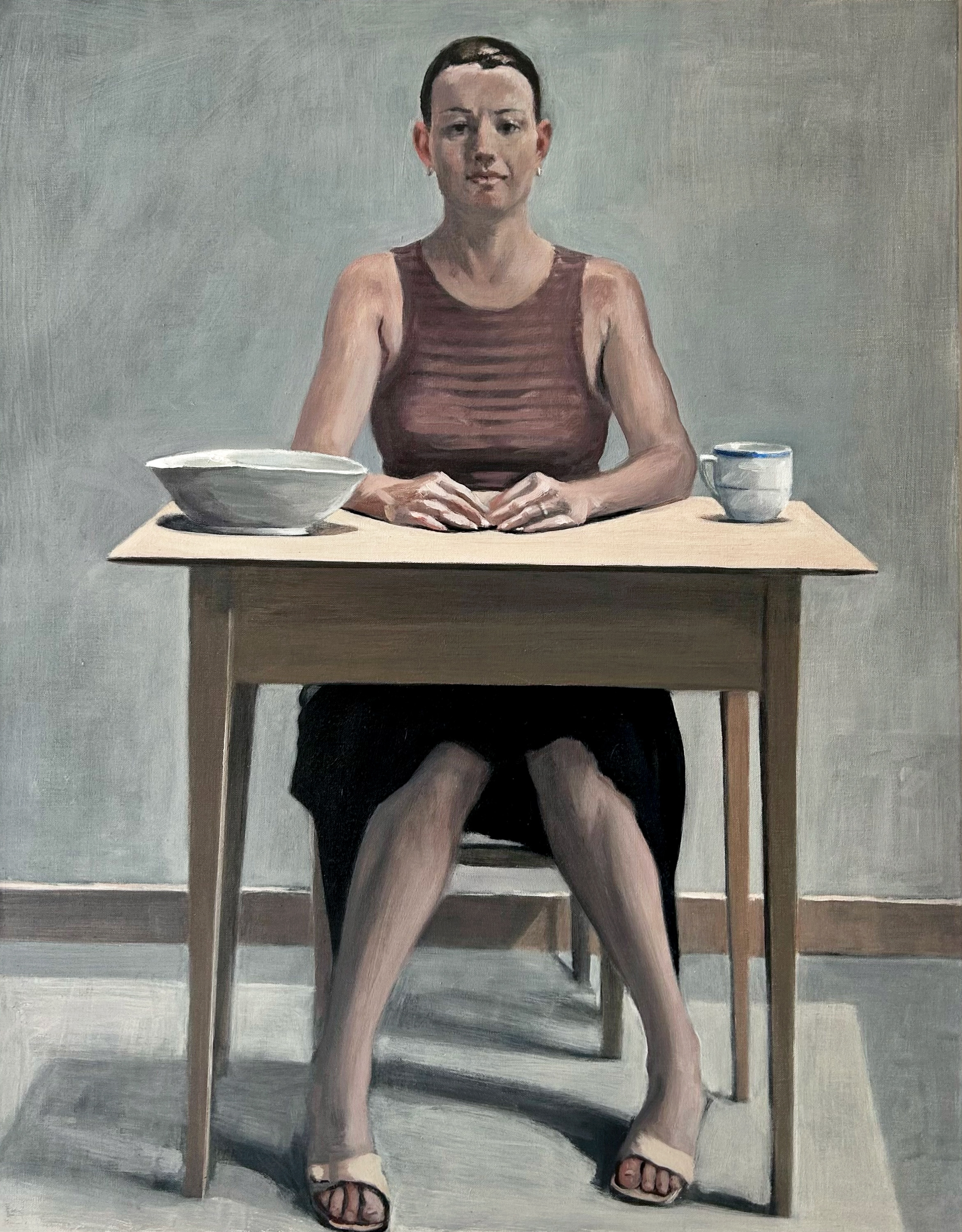 Artwork by Richard McWhannell, Hands on Table, Renee - Full Figure, Made of Oil On Canvas