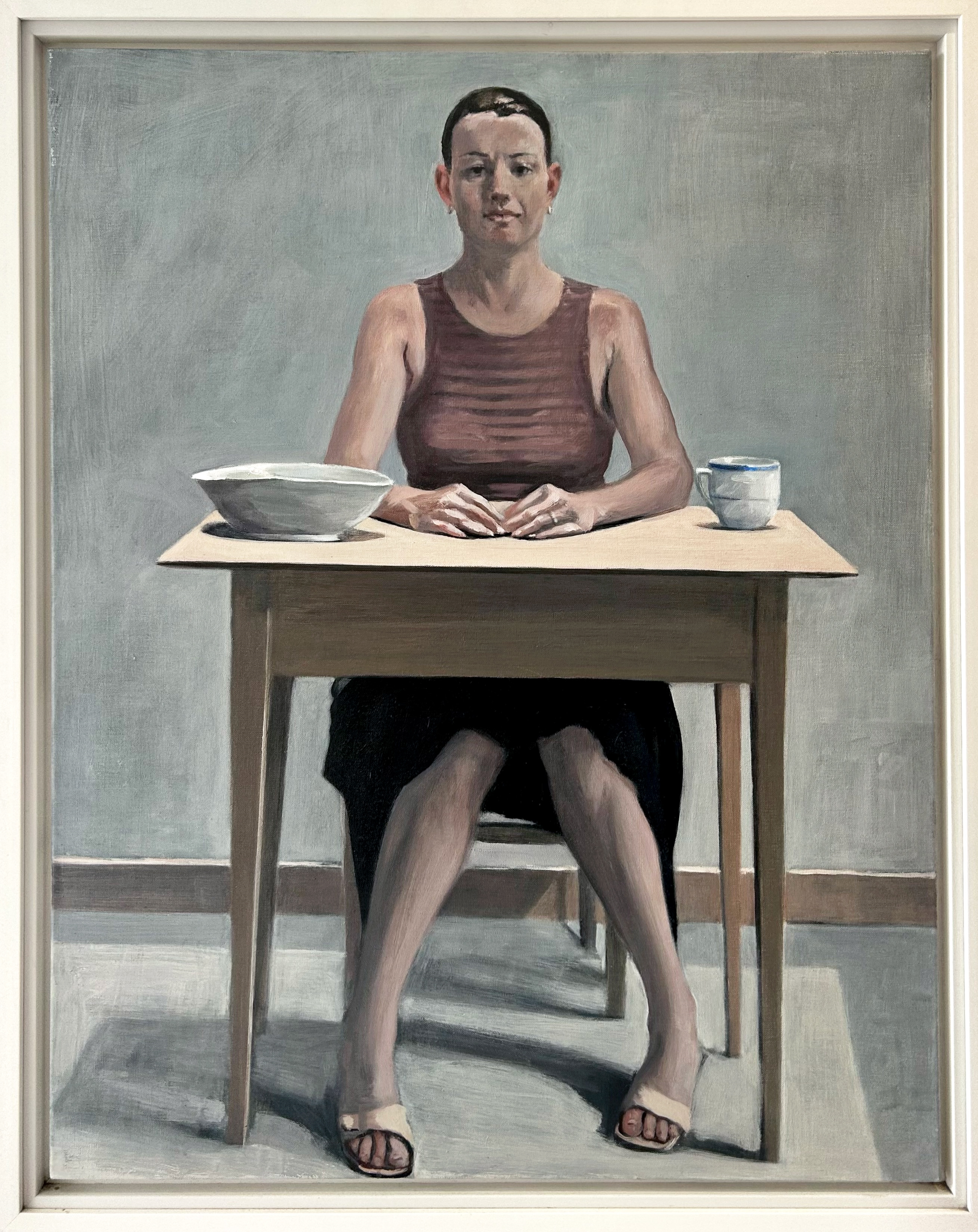 Artwork by Richard McWhannell, Hands on Table, Renee - Full Figure, Made of Oil On Canvas
