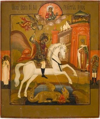 AN ICON OF SAINT GEORGE THE DRAGON SLAYER by Russian School, 19th Century, 19th century