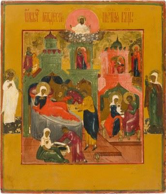 Ikone mit der Geburt der Gottesmutter by Russian School, 19th Century, early 19th century