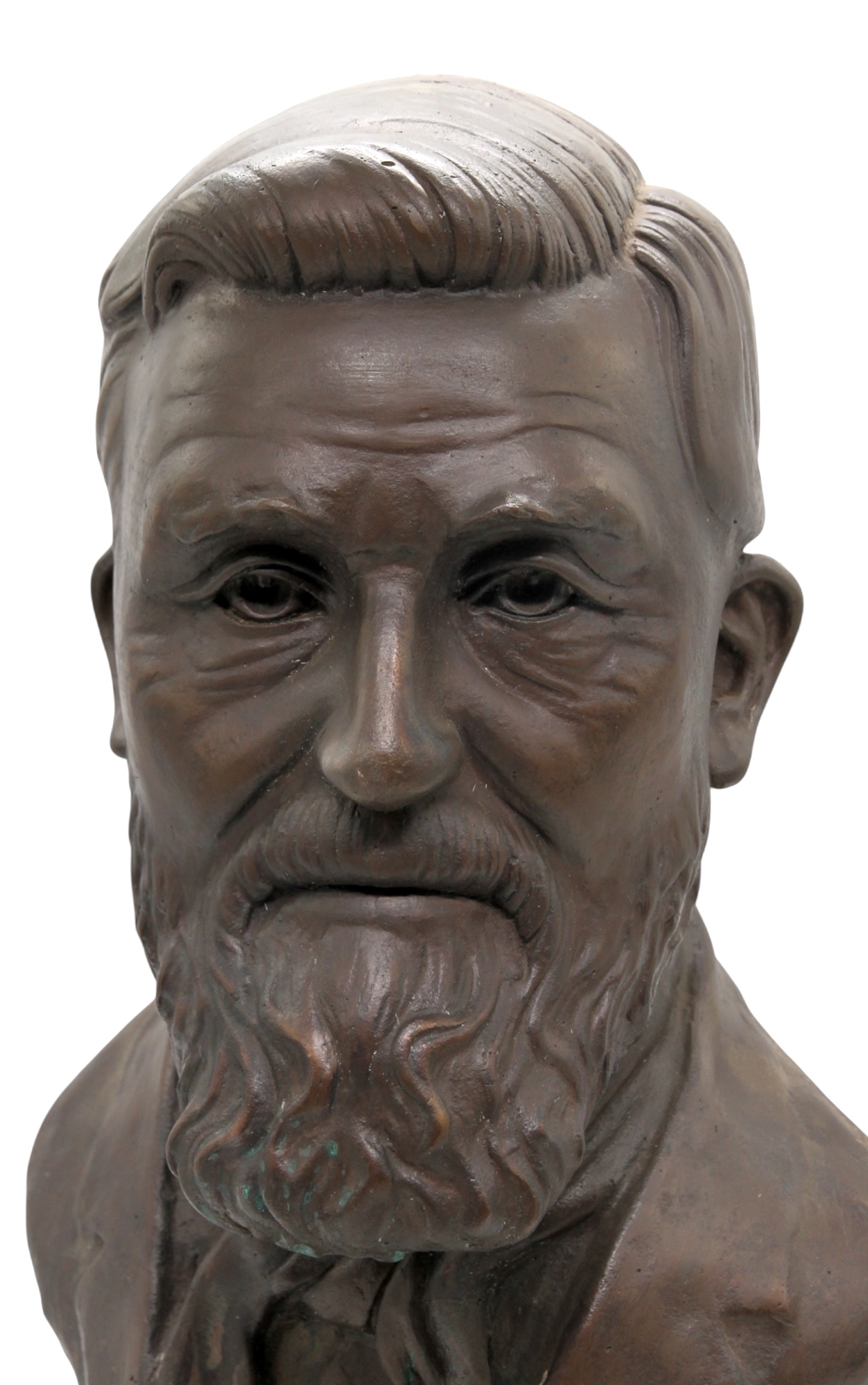 A bronze bust of a bearded man with a solemn expression, mounted on a dark rectangular base.