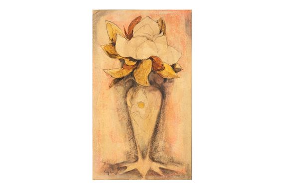 A still life of a white flower in a vase rendered with soft, textured strokes.