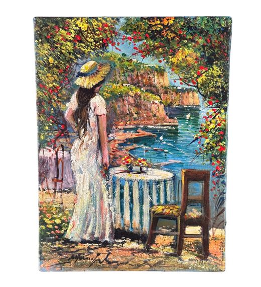 View of the Amalfi coast with a female figure by Marino Faliero, 20th/21st-century